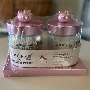 Hello Kitty + Crème Shop glass bottles vanity pink tray with Qtips & Cot…
